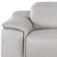Detail of the armrest of a 107" Light Gray Top Grain Leather Reclining USB Sofa.