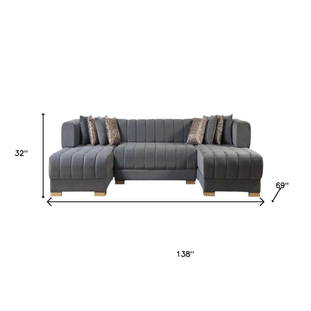 Gray Velvet U Shaped Three Piece Sofa and Chaise Sectional With Toss Pillows, stylish and spacious for ultimate comfort.