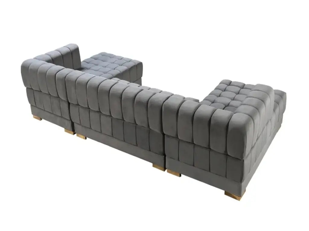 Gray Velvet U Shaped Three Piece Sofa and Chaise Sectional With Toss Pillows showcasing modern design.