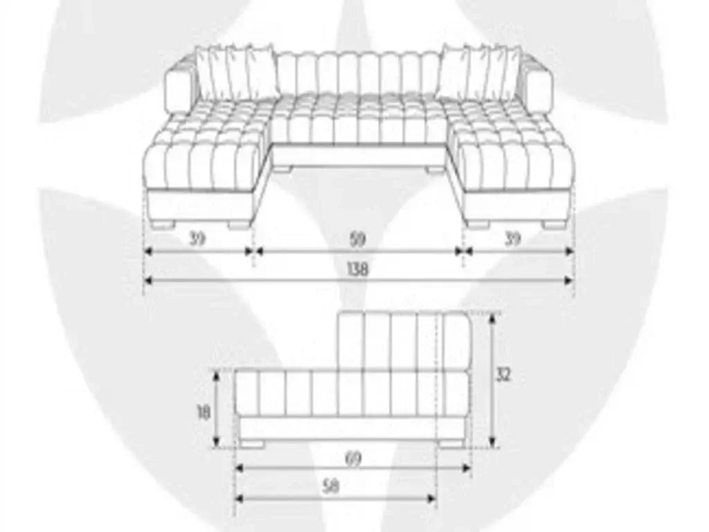Gray Velvet U Shaped Three Piece Sofa and Chaise Sectional With Toss Pillows dimensions and design layout.