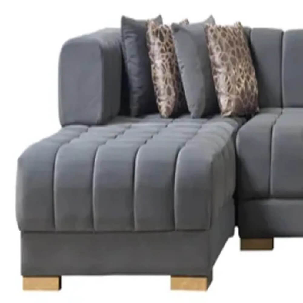 Gray Velvet U Shaped Three Piece Sofa and Chaise Sectional With Toss Pillows side view with plush cushions and modern design.