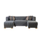 Gray Velvet U Shaped Three Piece Sofa and Chaise Sectional With Toss Pillows in a modern living room setting