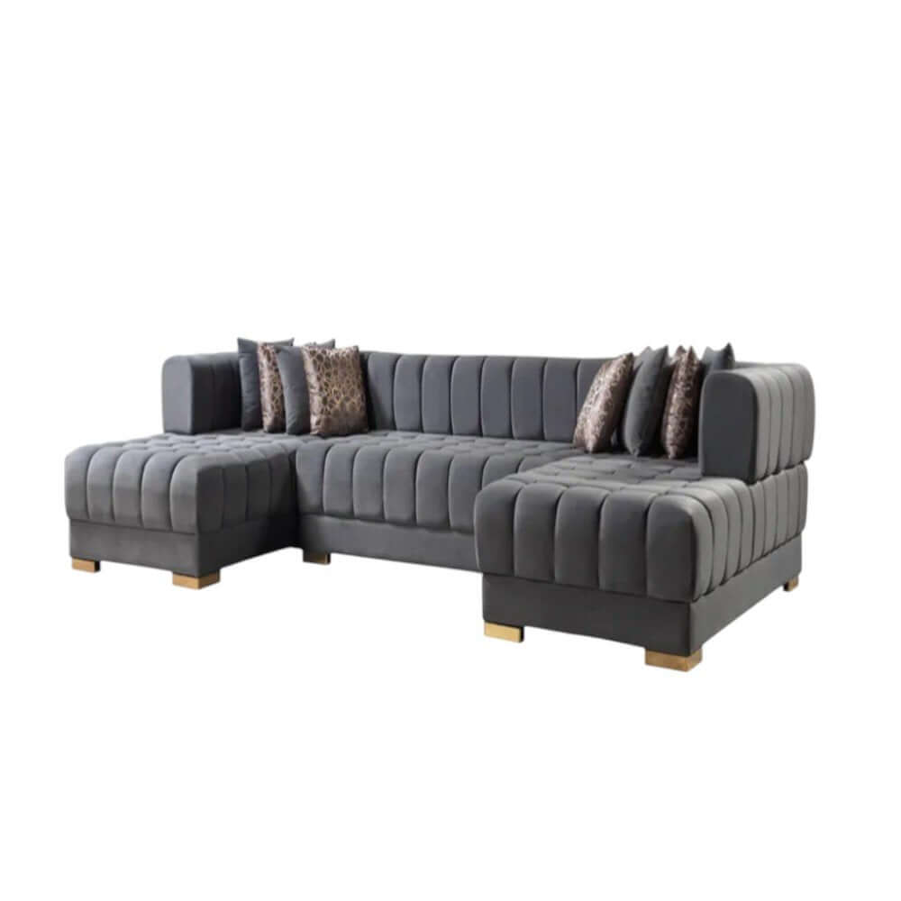 Gray Velvet U Shaped Three Piece Sofa and Chaise Sectional With Toss Pillows in a modern living room setting.