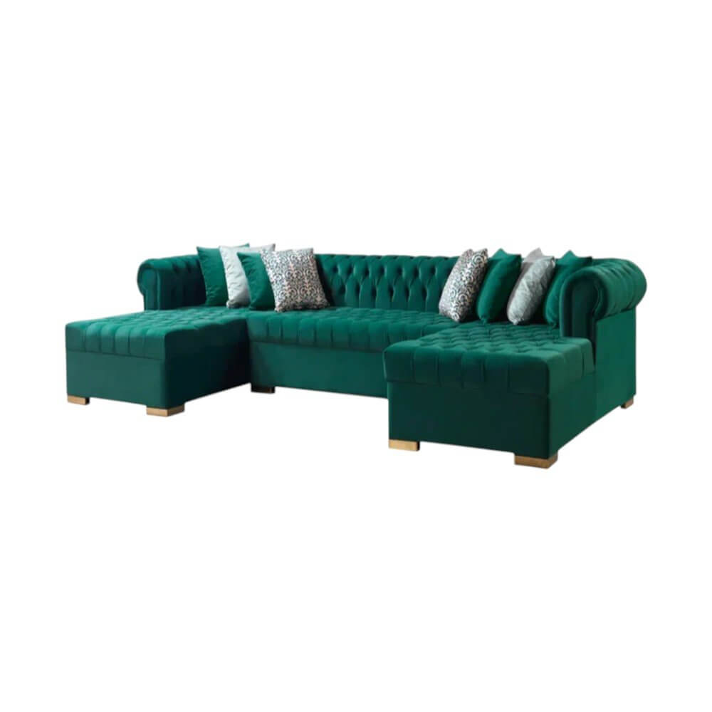 Green Velvet U Shaped Three Piece Sofa and Chaise Sectional With Toss Pillows in a modern living room setting.