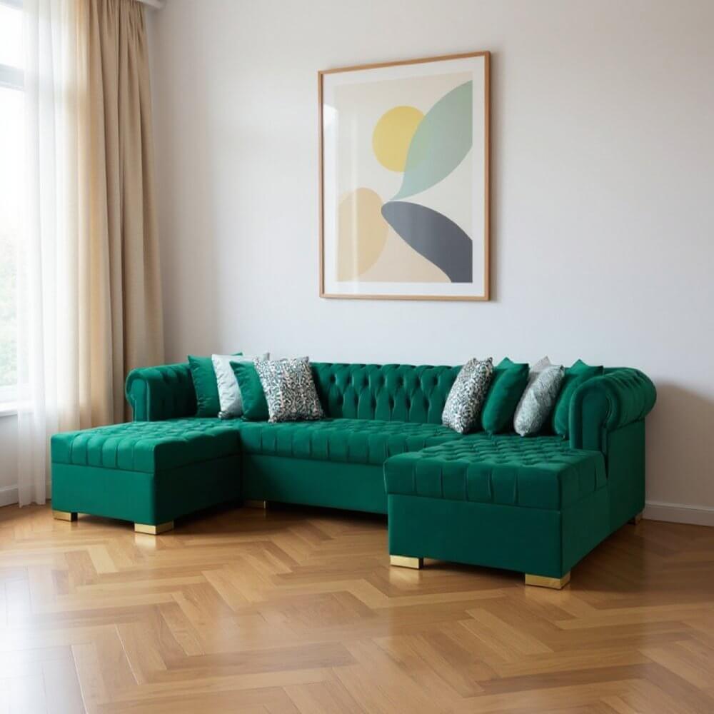 Green Velvet U Shaped Three Piece Sofa and Chaise Sectional With Toss Pillows in a stylish living room