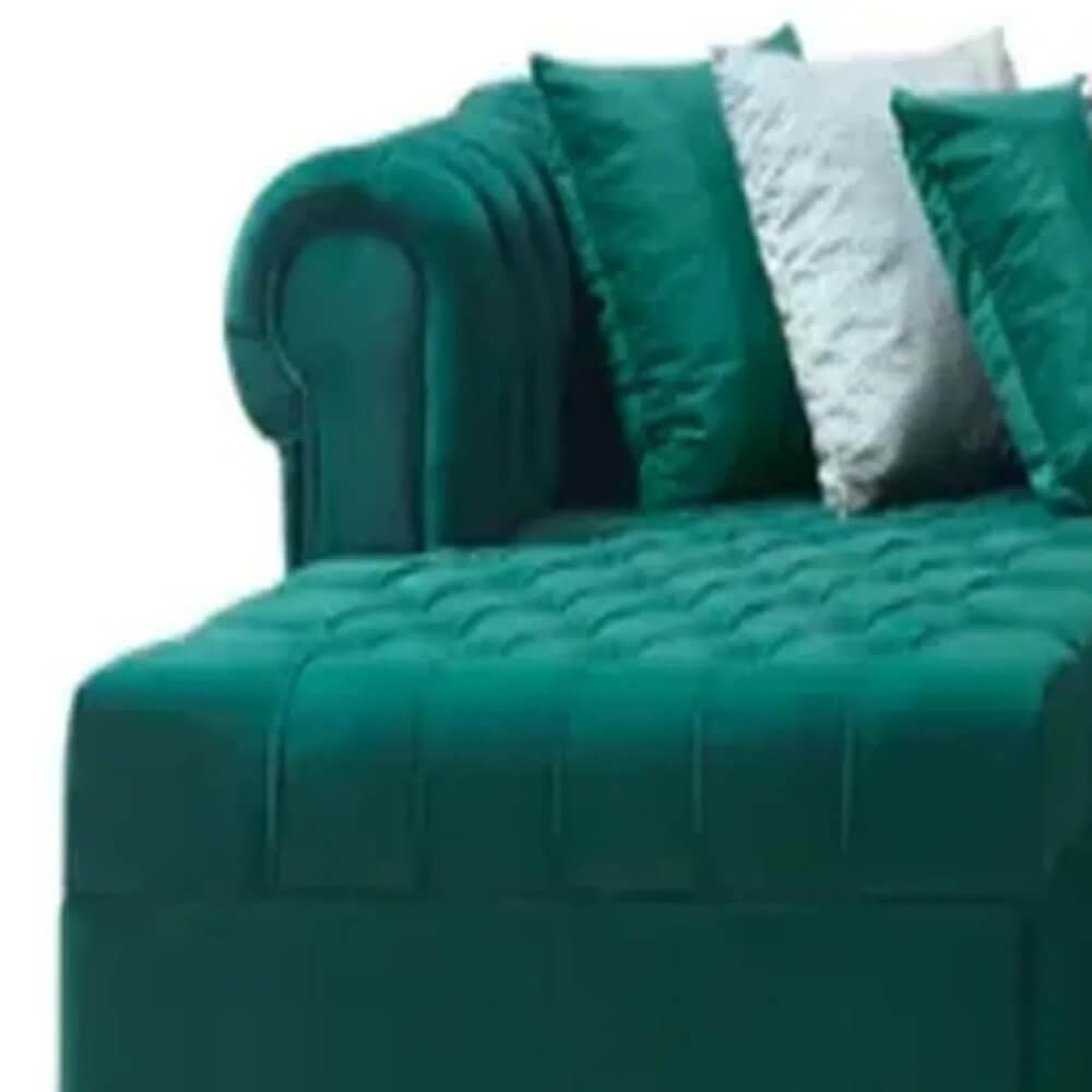 Green Velvet U Shaped Three Piece Sofa and Chaise Sectional With Toss Pillows in luxurious green fabric