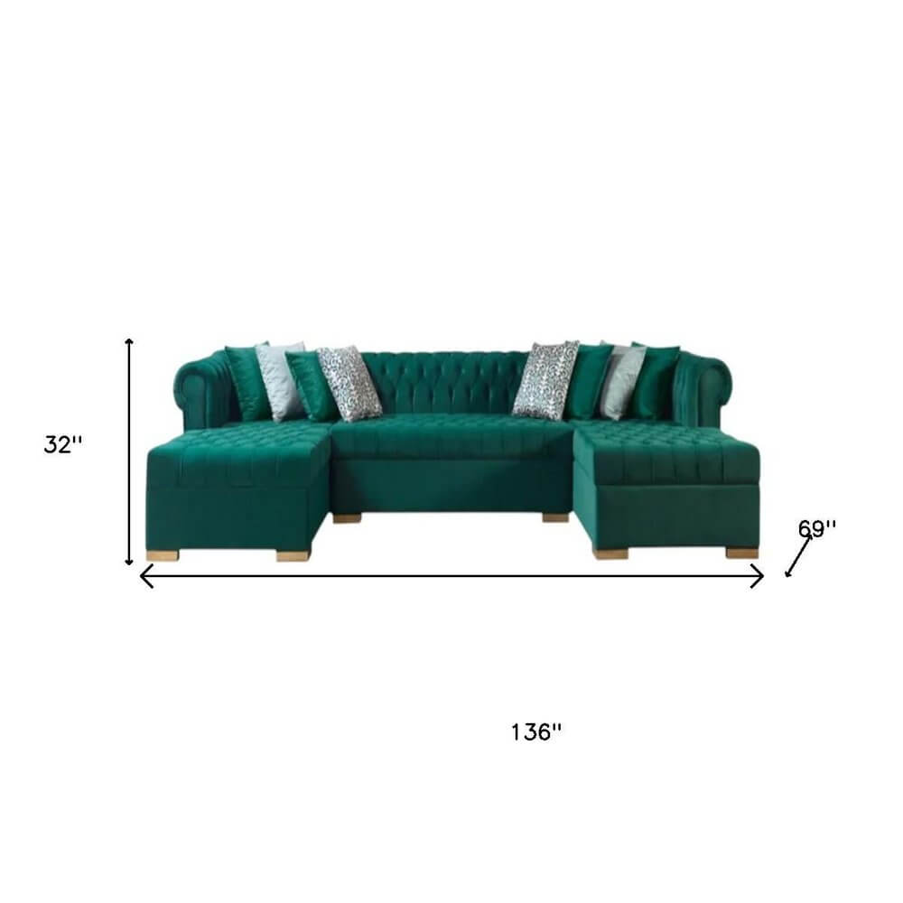 Green Velvet U Shaped Three Piece Sofa and Chaise Sectional With Toss Pillows dimensions 136 inches by 69 inches by 32 inches