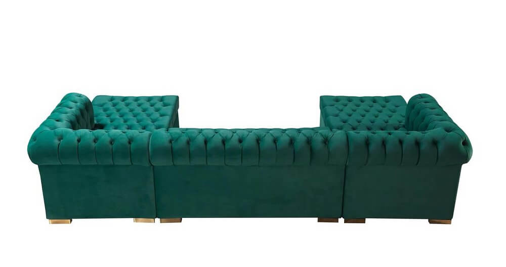 Green Velvet U Shaped Three Piece Sofa and Chaise Sectional With Toss Pillows side view showing tufted design.