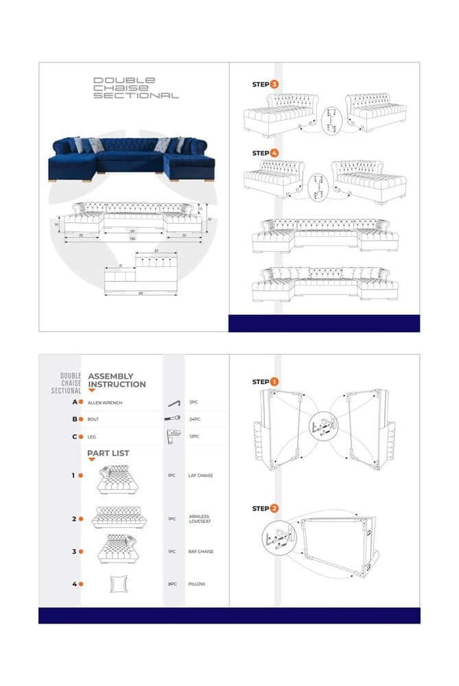 Assembly instructions for Green Velvet U Shaped Three Piece Sofa and Chaise Sectional With Toss Pillows.