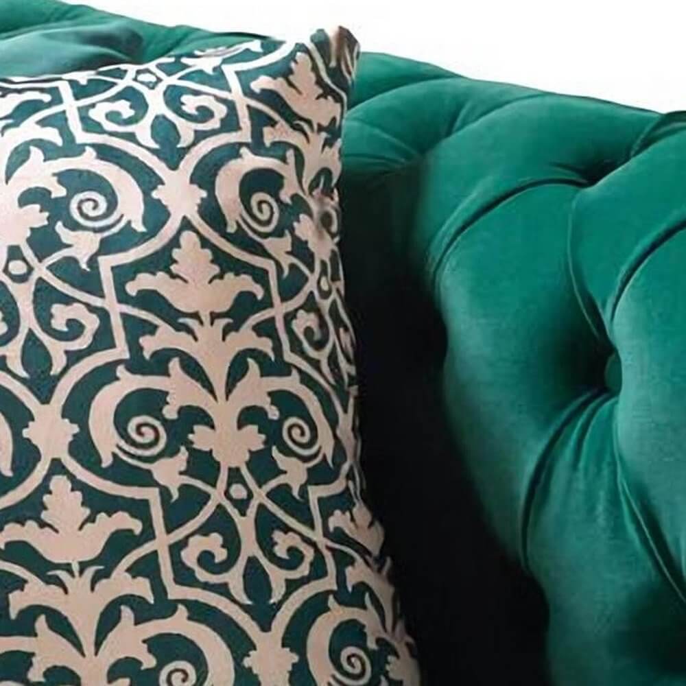 Green Velvet U Shaped Three Piece Sofa and Chaise Sectional With Toss Pillows close-up of tufted detailing and decorative pillow