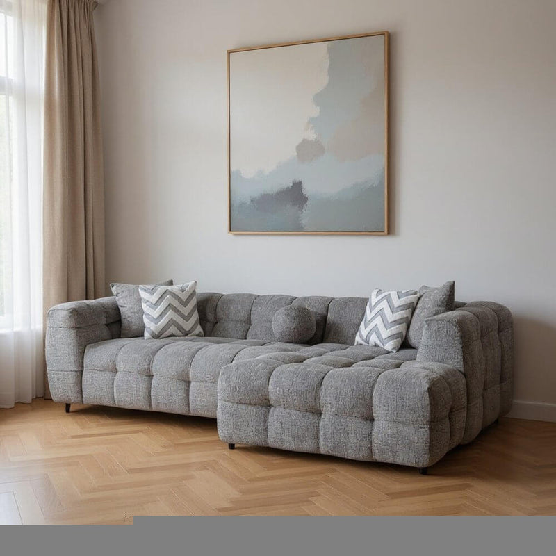 Ivory Boucle Right-Facing L-Shaped Sectional Sofa with 5 Toss Pillows 110"