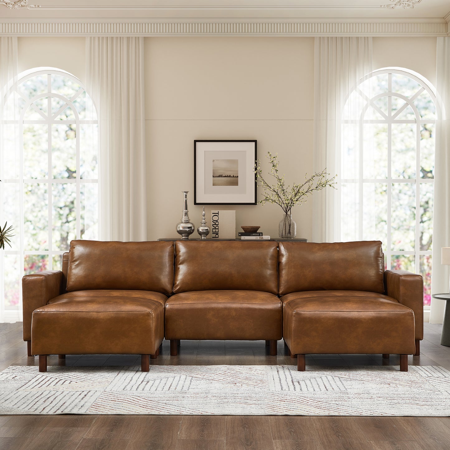 Keira PU Leather Sectional – 112" Brown L-Shape Sofa with Convertible Ottoman Chaise