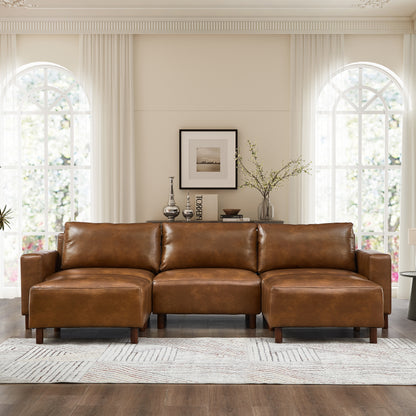 Ravenna PU Leather Sectional – 112" Brown U-Shape Sofa with Two Ottomans