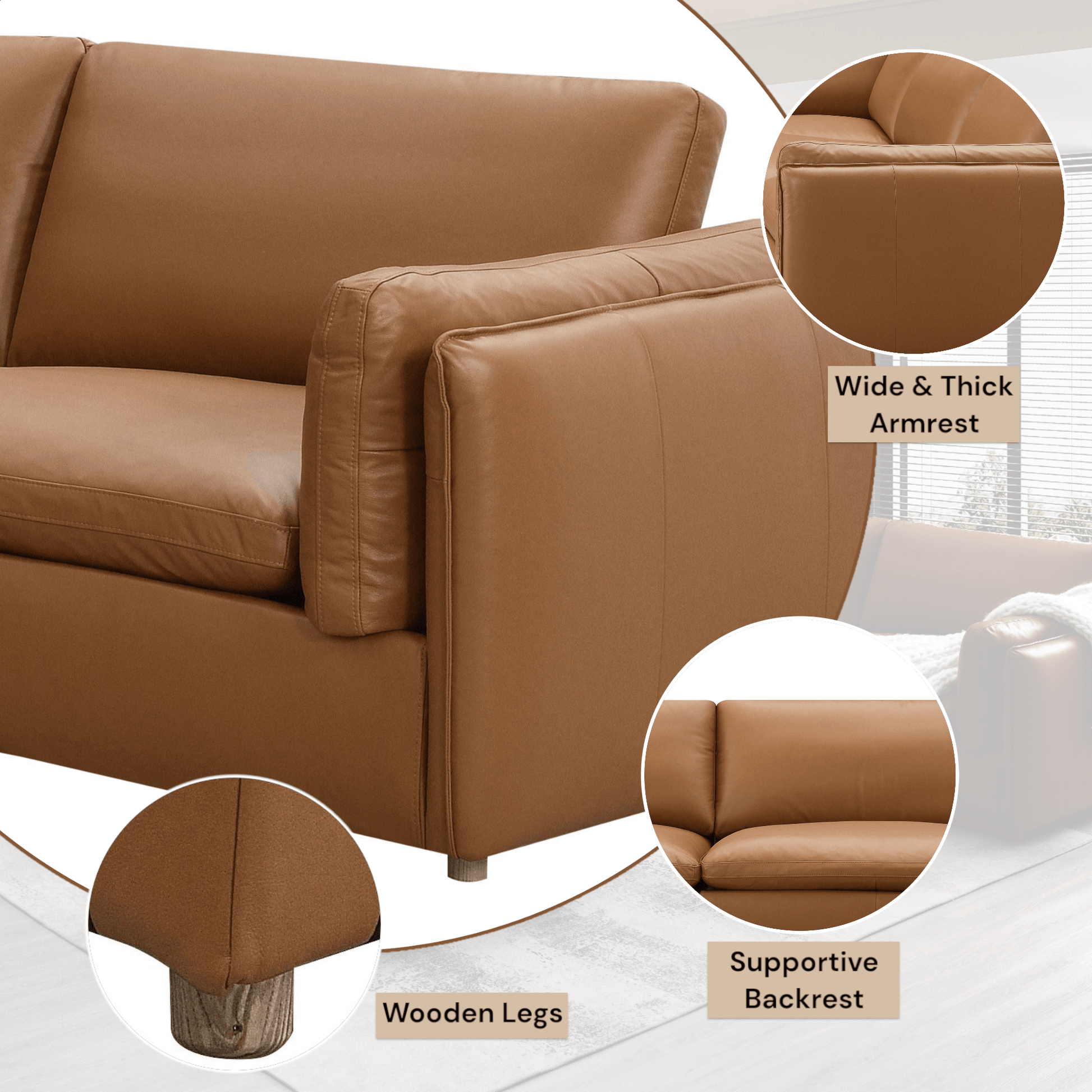 Brighton Top Grain Leather Low Profile Modular Sofa showcasing wide armrest, supportive backrest, and wooden legs.