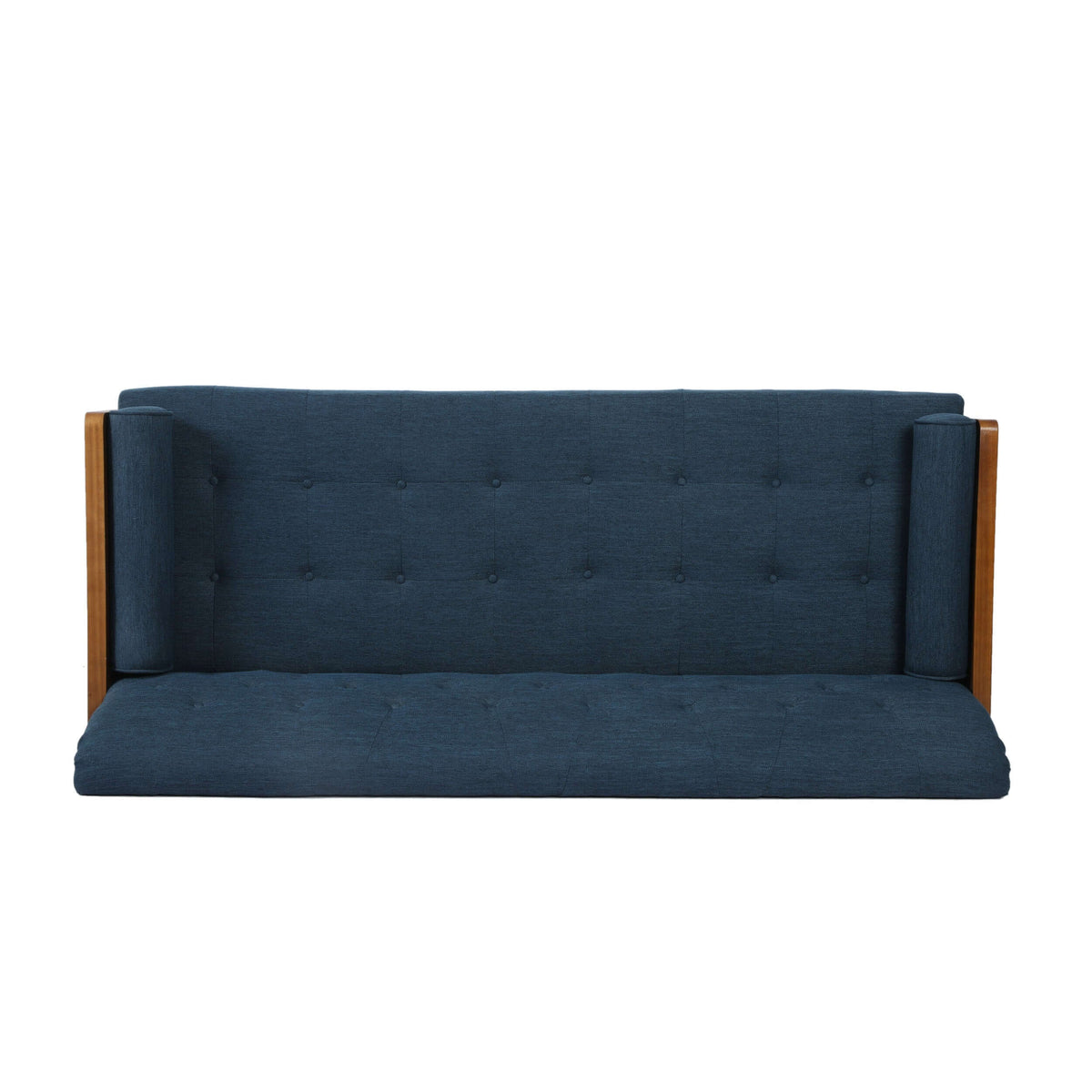 Modern Tufted Fabric Loveseat Sofa 72" – Compact 2-Seater Couch for Small Spaces with navy upholstery and wooden arms.