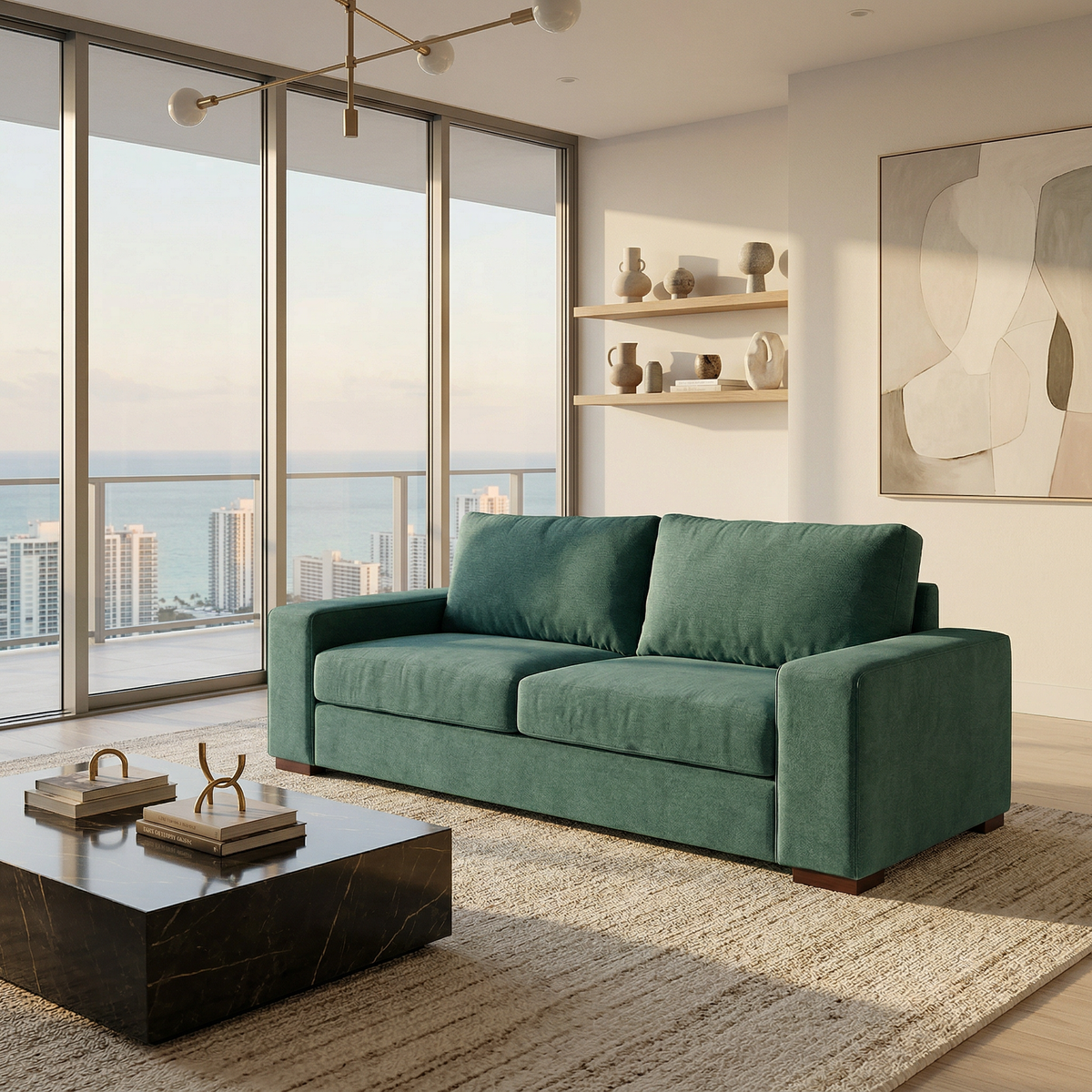 Modena Sofa 92" – Made in USA Square-Arm Sofa (7 Fabrics) - Velvet Antique Kelly Green - Velvet (3)