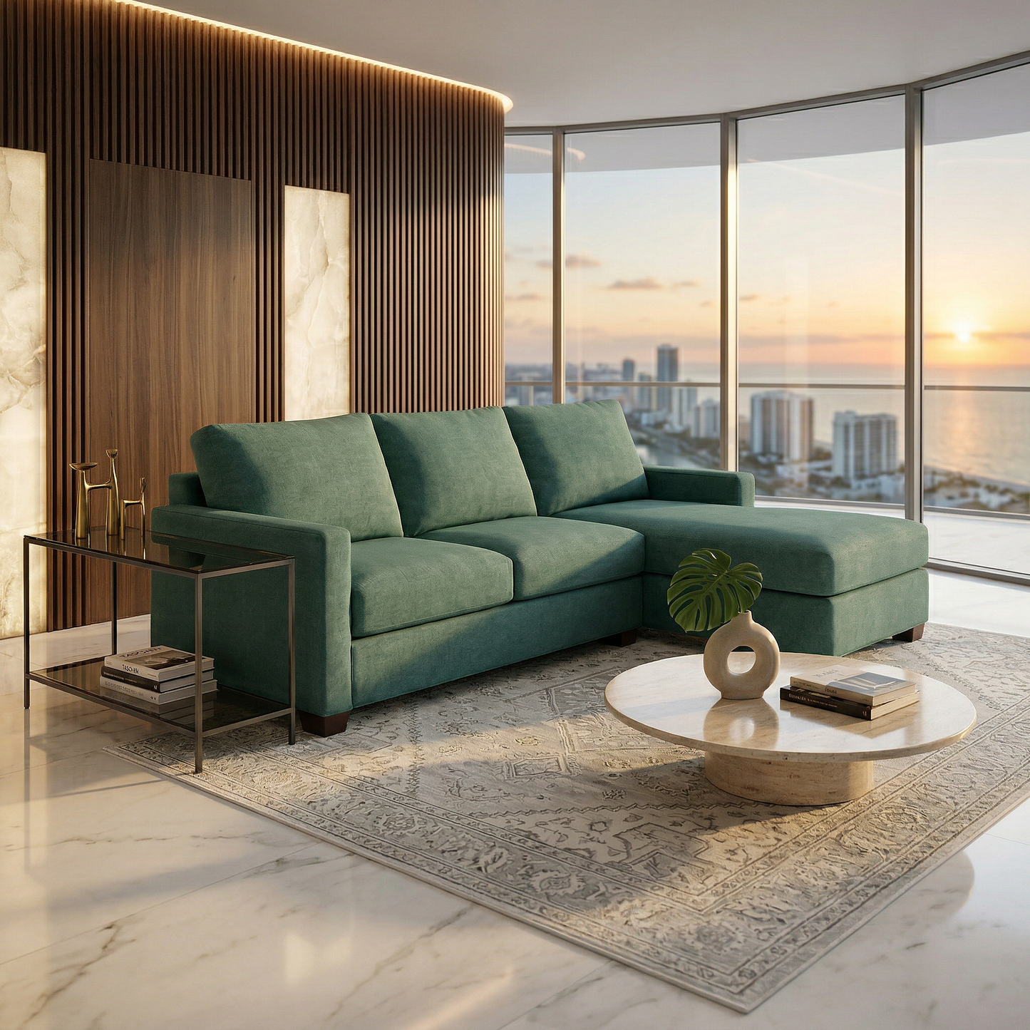 Damon L-Shaped Sectional Sofa – 120" Chaise Sectional in Fabric & Velvet - Velvet Antique Kelly Green - Velvet (5)