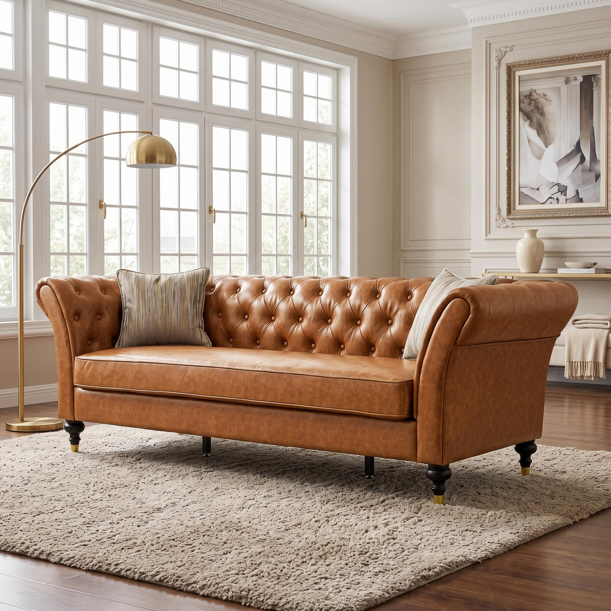 Barrington Chesterfield faux leather sofa in light brown