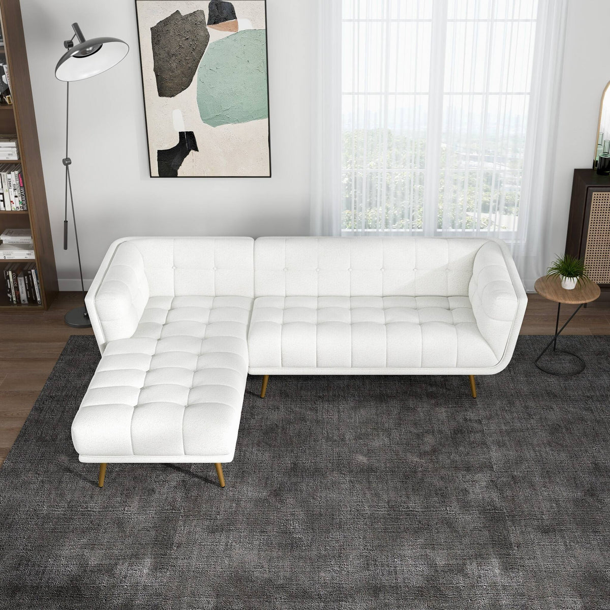 Tufted L-Shape Chaise Sofa Sectional 102.5” – in room setting