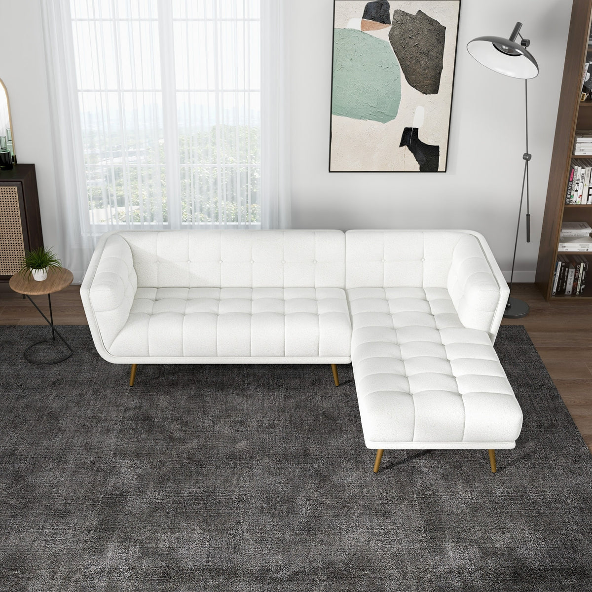 Tufted L-Shape Chaise Sofa Sectional 102.5” – Addison MCM Boucle or Linen Sectional (2 Colors) in white color