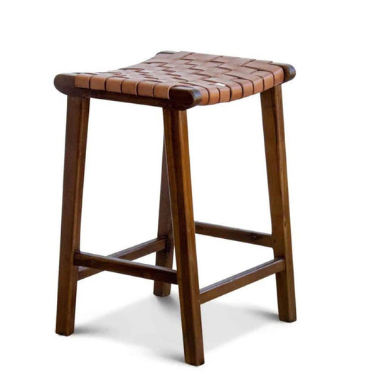James Genuine Leather Bar & Counter Stool – Mid-Century Strapped Leather Seat with solid wood frame and woven leather seat.