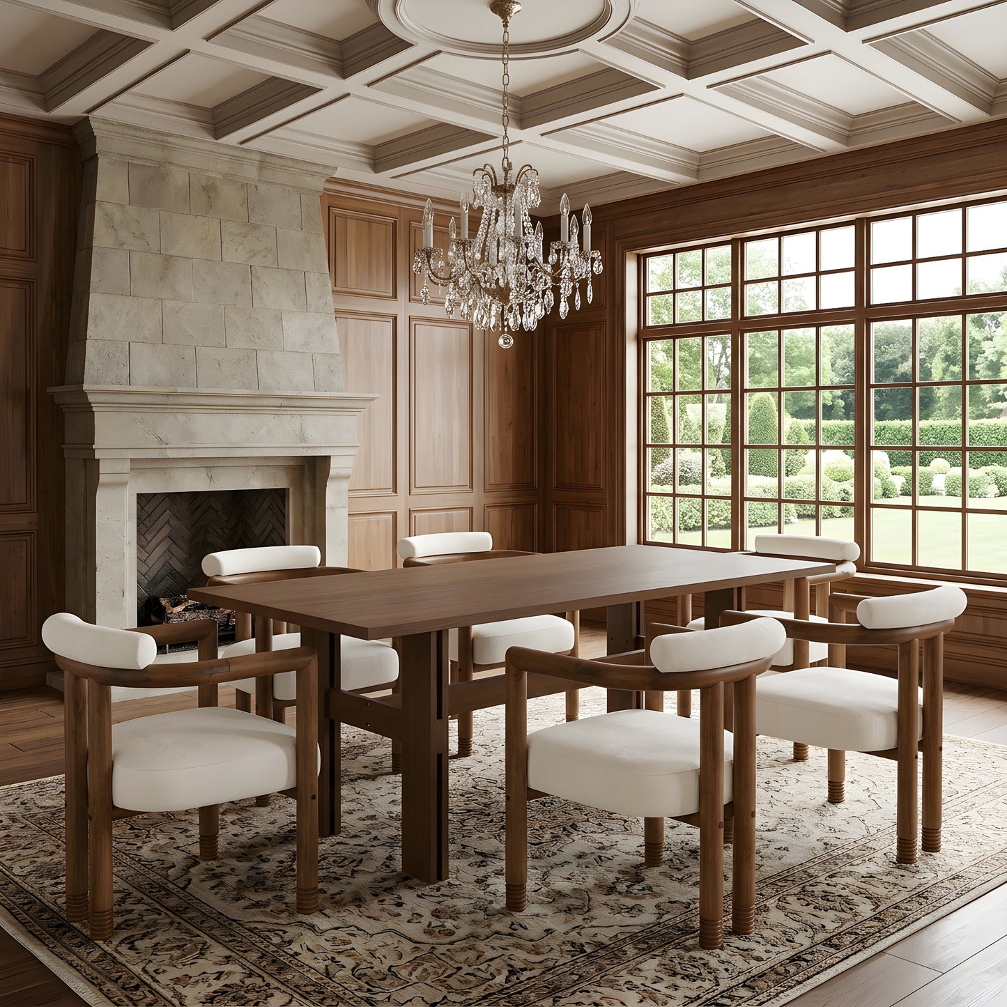 Ida Walnut & Dark Brown 7-Piece Dining Set – 71" Table with 6 Upholstered Armchairs