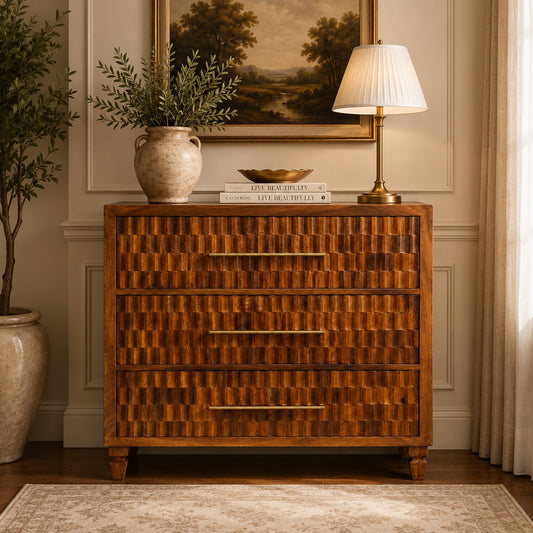 Cadiz Chestnut Mango Wood Chest – 32.7" Geometric Carved 3-Drawer Chest