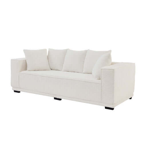 MCM Box Arm Corduroy Upholstered Sofa 89" in white with plush pillows, showcasing mid-century design and cozy comfort.