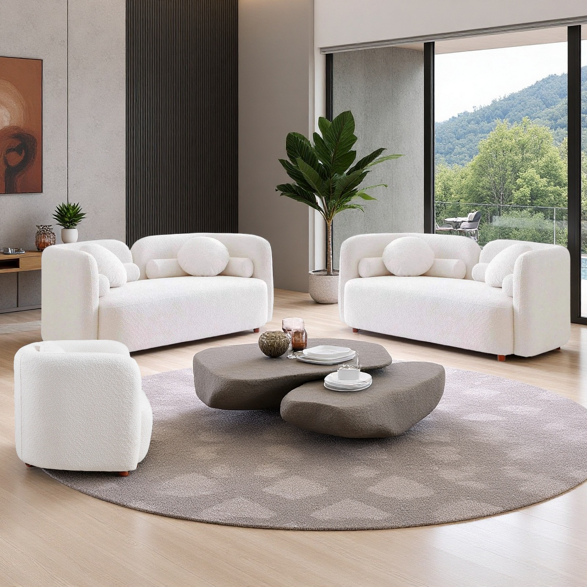 Kenna Living Room Set in White, 2 Loveseats + 1 Square Chair