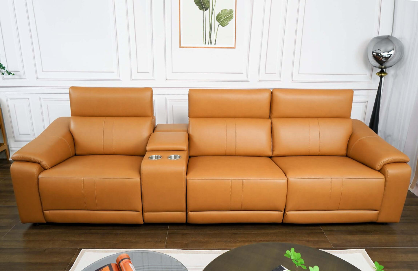 118" Modular Leather Recliner Sectional Sofa – 3-seat Power Reclining Sofa with Cup Holders in stylish living room setting.