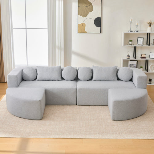 Boneless Boucle Modular Sectional Sofa 115” – Deep Seat Curved U-Shaped Foam Couch for 6