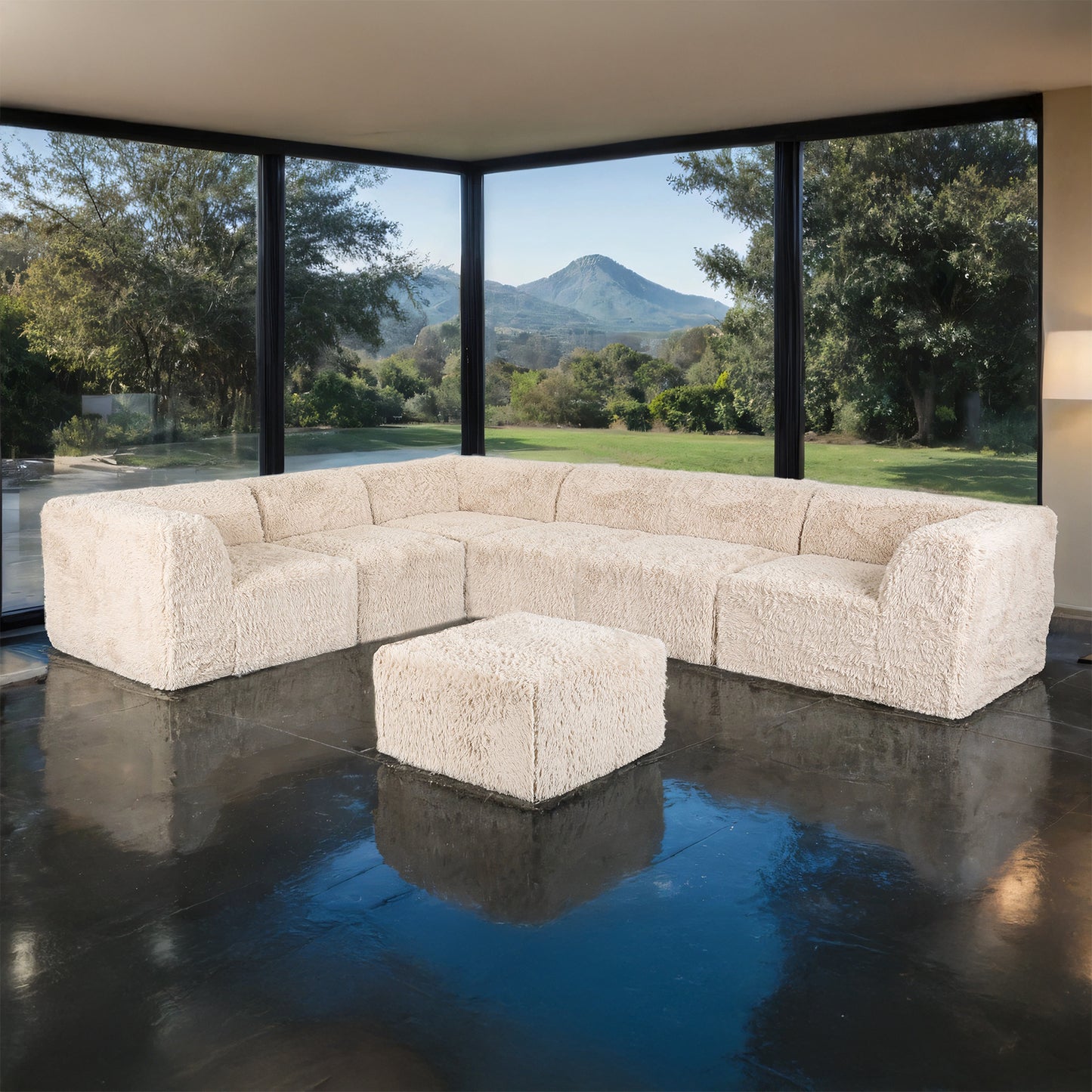 Thackery Modular L-Sectional Sofa – Sand Faux Fur, 7-Piece