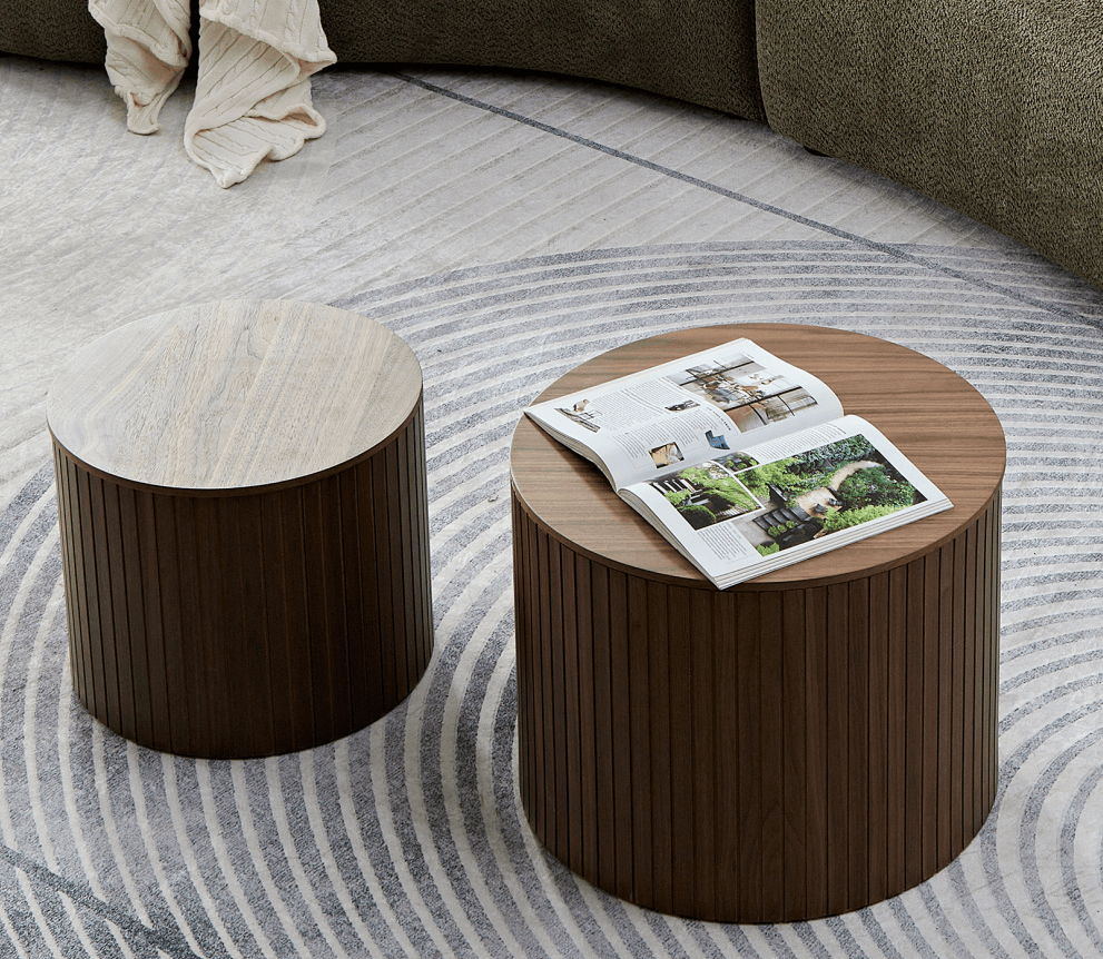 Handcrafted MDF Round Accent Table Set (2-Piece) – Nesting Side Tables with Storage (2 Colors) in modern living room setting.
