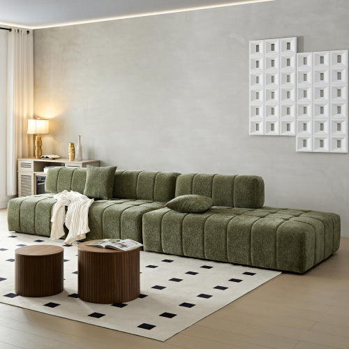Modern Tufted Modular Sofa 143" – 3-Piece Configurable Sectional Couch (2 Colors) in green fabric in a decorated living room.