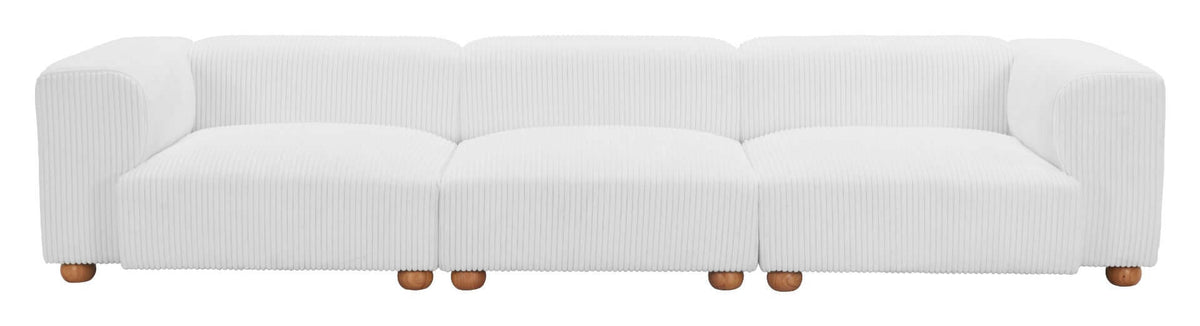 Tayte White Corduroy Modular Sectional Sofa 150" – Deep Seat Oversized Couch with rounded corners and wooden legs.