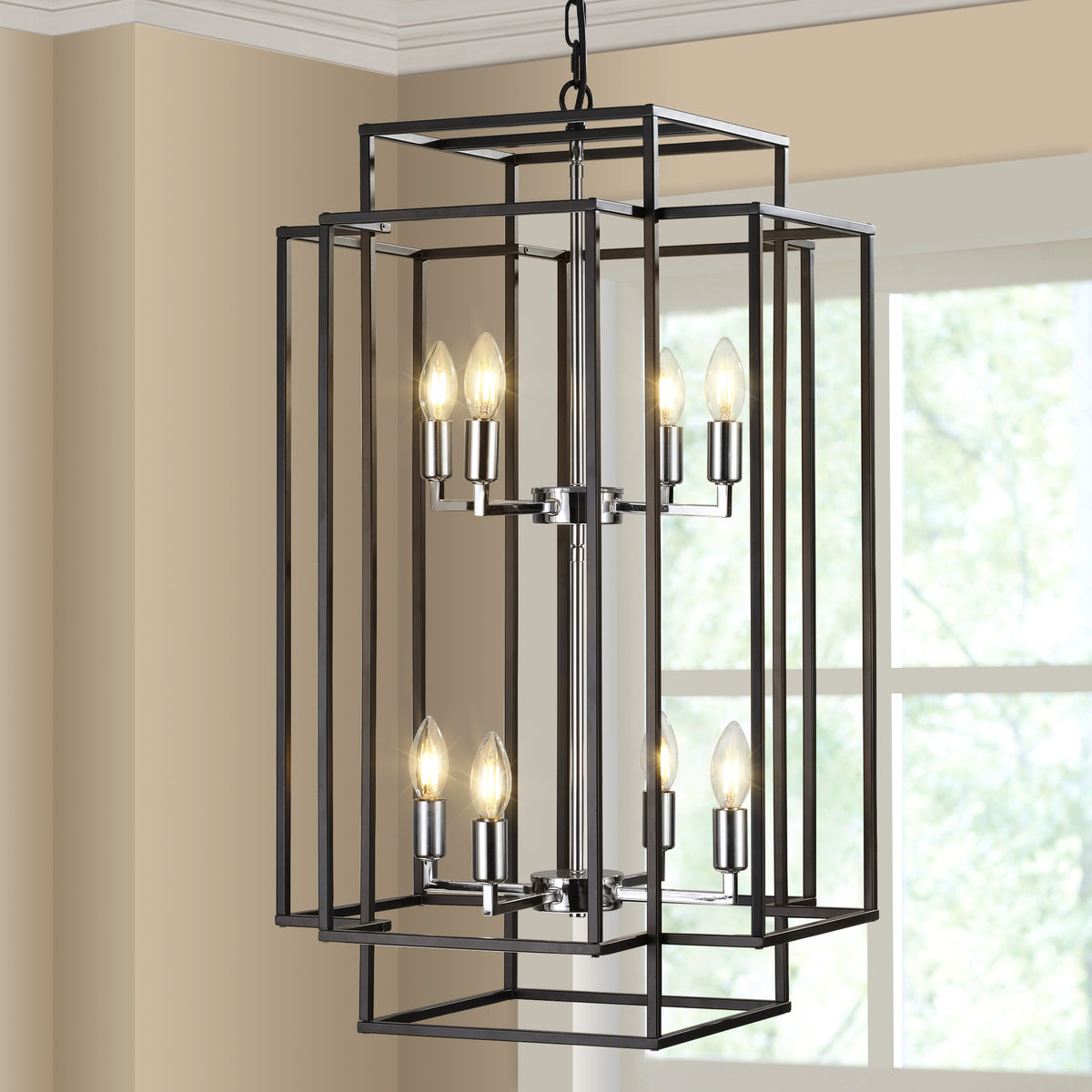 18" Modern 8-Light Black & Chrome Geometric Pendant Chandelier, Industrial Metal Frame