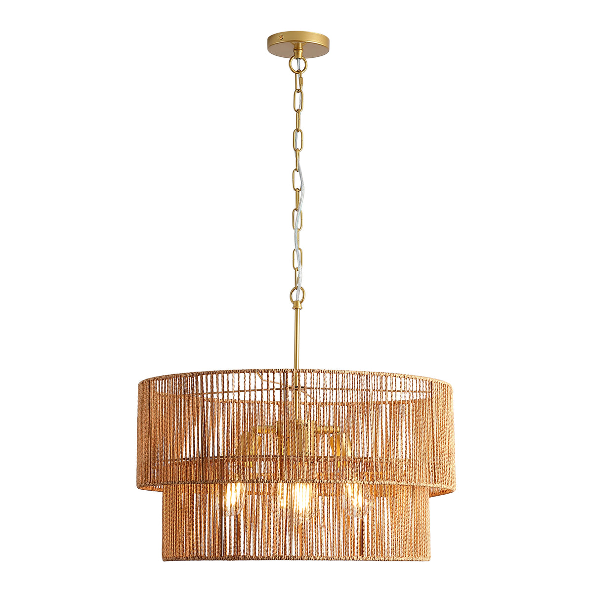 23.62" Handwoven Woven Paper Rattan Chandelier, 2-Tier Boho Wabi-Sabi Pendant Light, Gold Metal Hanging Ceiling Lamp