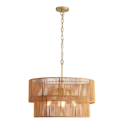23.62" Handwoven Woven Paper Rattan Chandelier, 2-Tier Boho Wabi-Sabi Pendant Light, Gold Metal Hanging Ceiling Lamp
