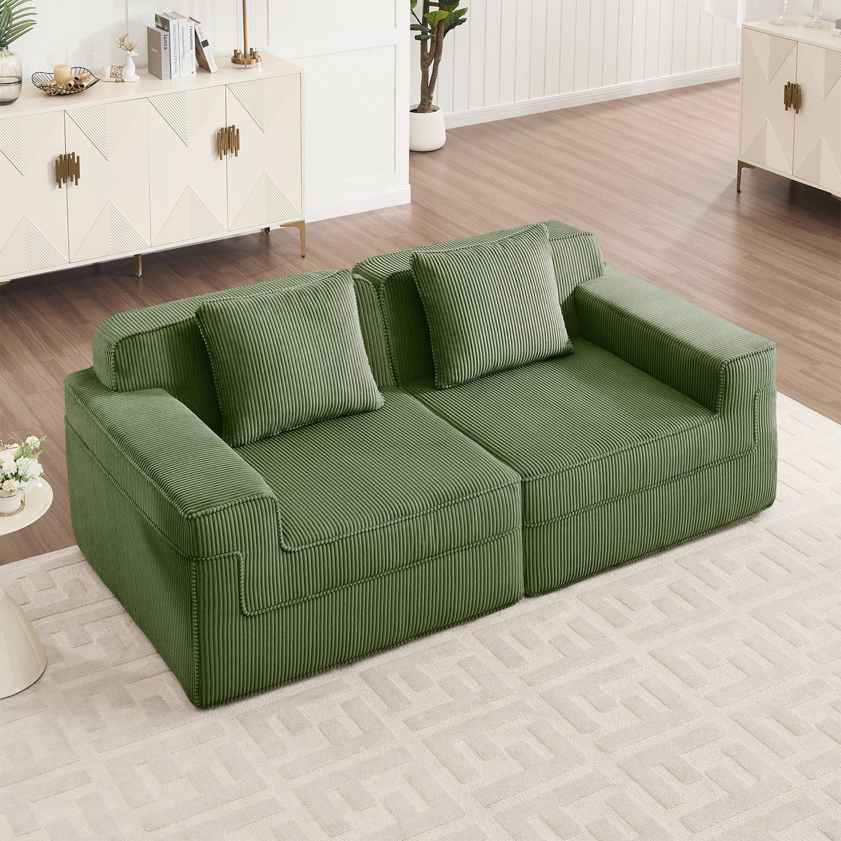Elsin Corduroy Modular Sofa in Green, 2-Seat Loveseat