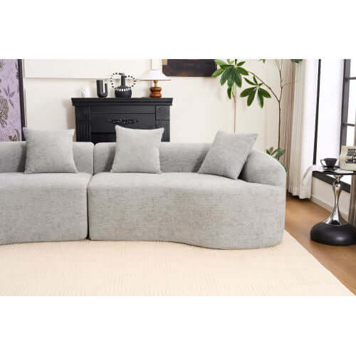 Curved Compression Foam Sectional Sofa – 110” Modular Chenille Couch (Sleeper Style) in grey upholstery with plush cushions.