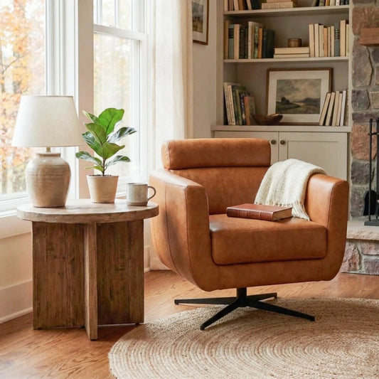 Helena Tan Leather Swivel Chair – 31.9" 360° Swivel Accent Chair