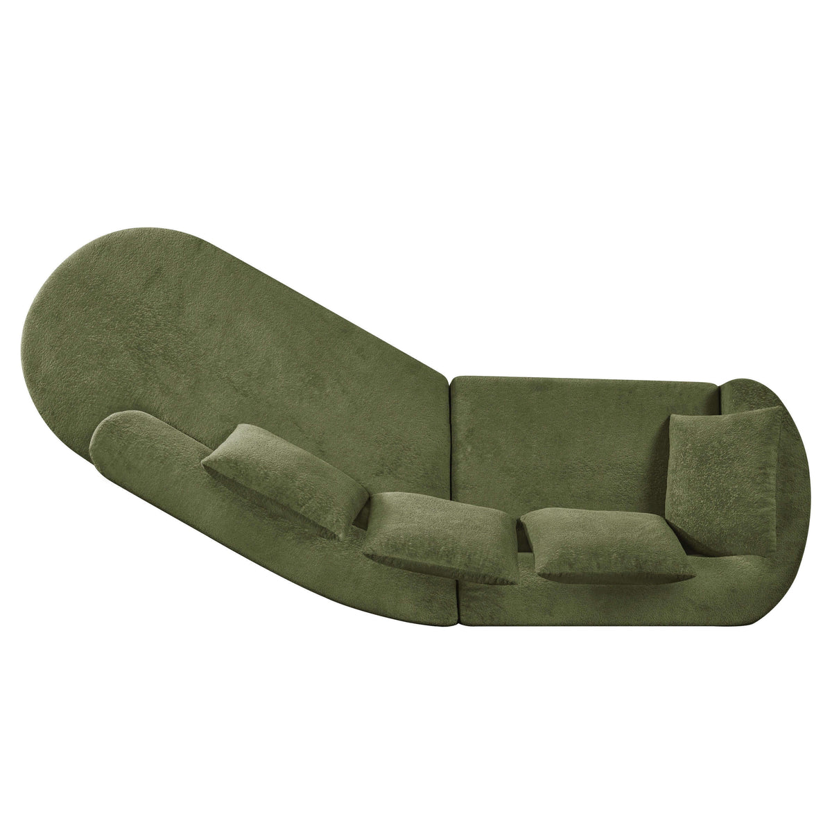Modern Low Profile Modular Curved Foam Sofa 116' in green fabric with curved design and cushions.