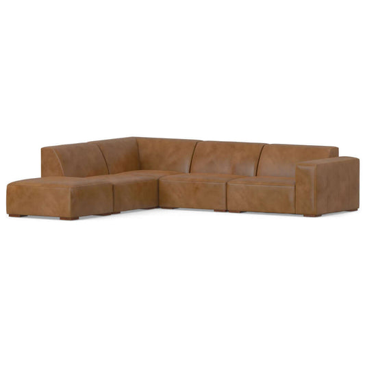 Rex Top-Grain Leather Modular Corner Sectional Sofa in caramel with ottoman, modern design, durable comfort.