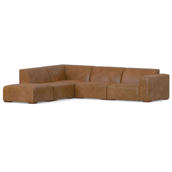 Rex Top-Grain Leather Modular Corner Sectional Sofa in caramel with ottoman, modern design, durable comfort.