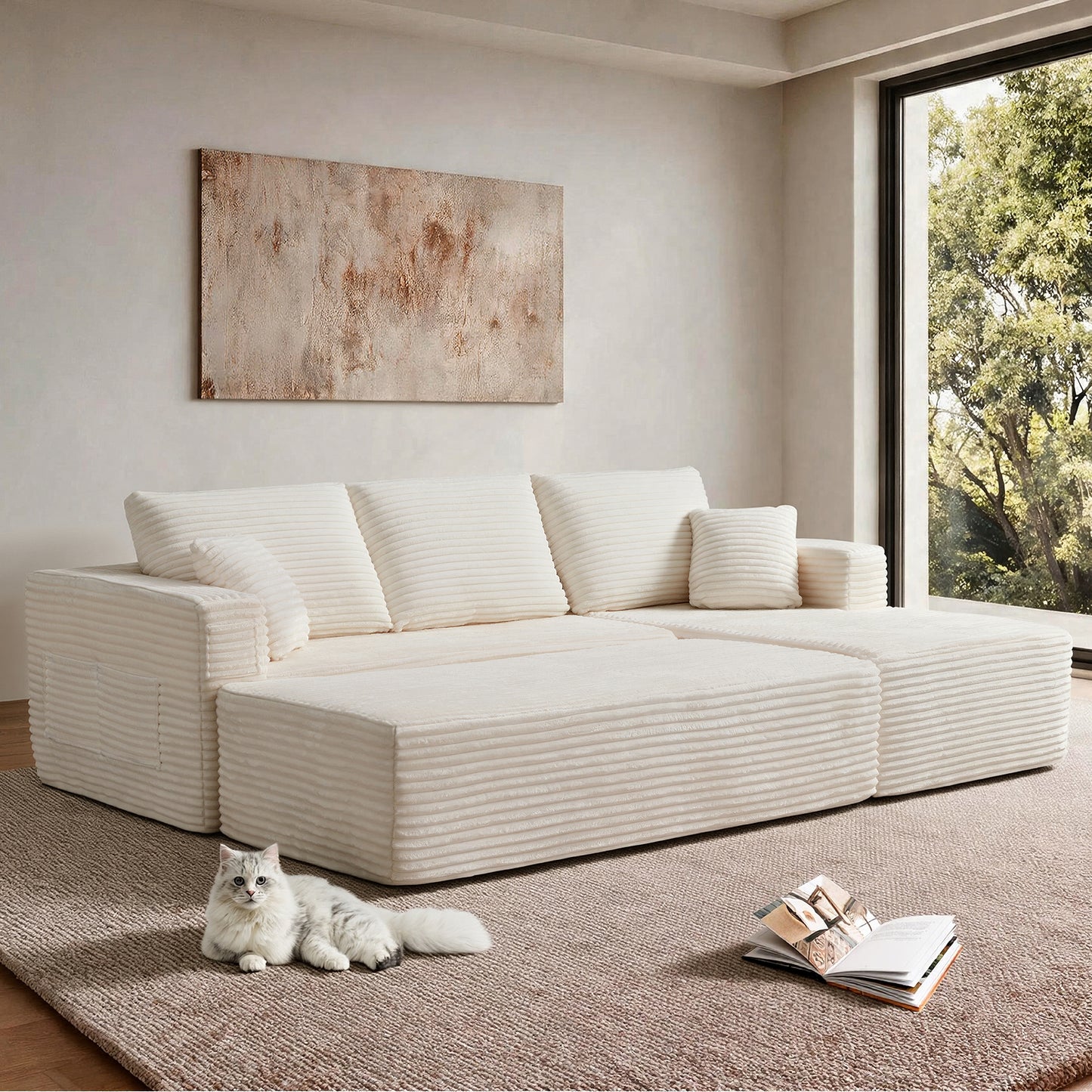 Emberly Plush Fabric Modular Sectional Sofa – 100.39" Beige R-Shape with Chaise