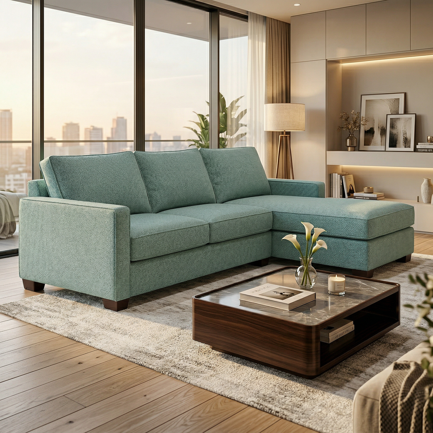 Damon L-Shaped Sectional Sofa – 120" Chaise Sectional in Fabric & Velvet - Leslie Robins Egg - Fabric (2)