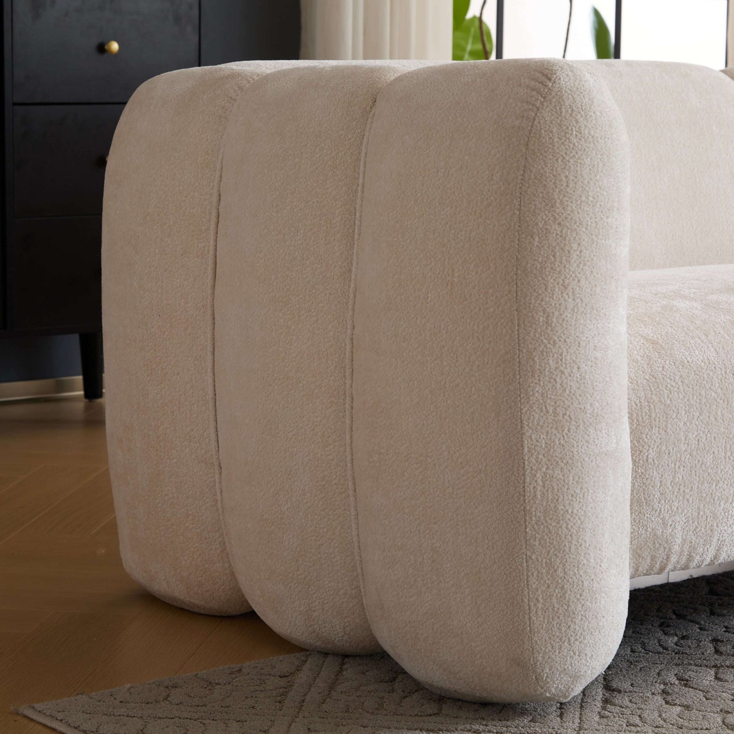 Tonson Boucle Sofa – 83” Curved Wave 3-Seater Sofa (3 Colors, Modern Sculptural Design) close-up side view.