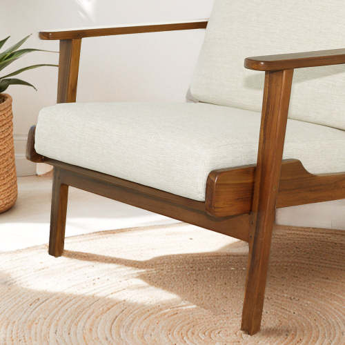 Connor Solid Wood Linen Armchair – Mid-Century Modern Lounge Chair (4 Colors) with soft linen upholstery and teak wood frame.