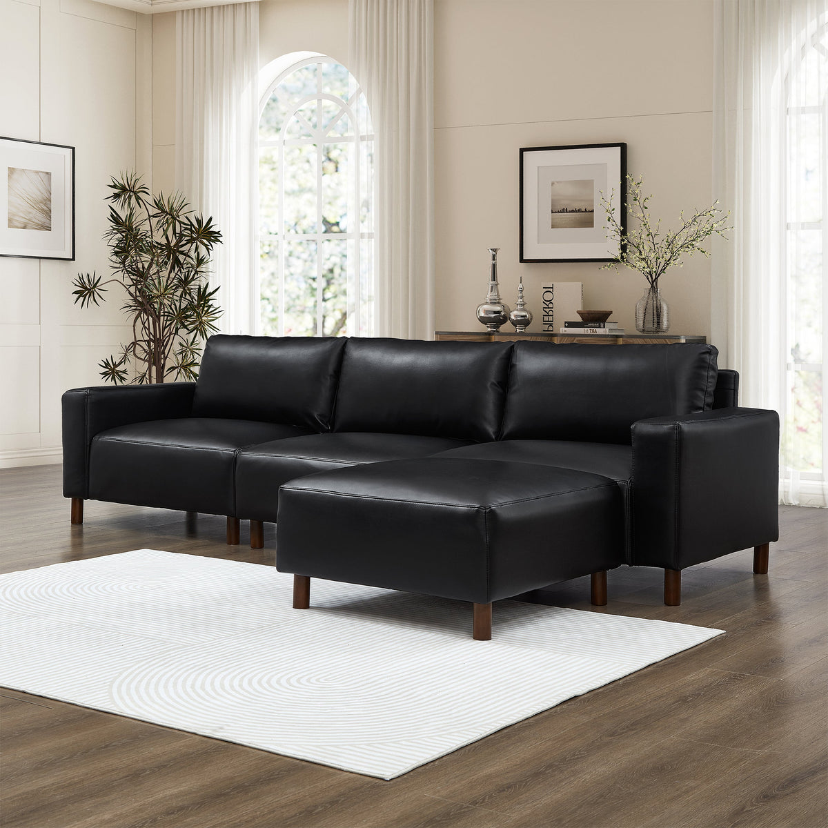 Nigel black PU leather sectional, 3 seats + 1 convertible ottoman, 112 inch - photo 3 (4-piece set)