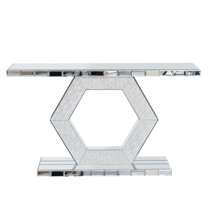 Sparkling Crystal Hexagon Mirror Entryway - Premium Modern Foyer Console Table with Diamond Glass Effects
